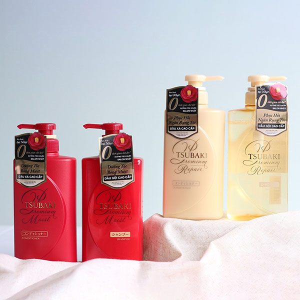 Tsubaki Premium màu đỏ cấp ẩm cho tóc và màu vàng giúp phục hồi tóc hư tổn